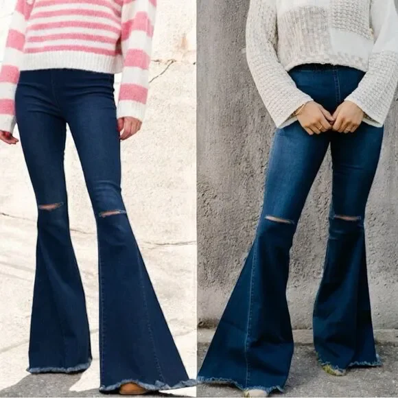 Dark Wash Distressed Knee Flare Jeans | High Rise Stretch | Raw Hem | NWT | 16 - Picture 3 of 14